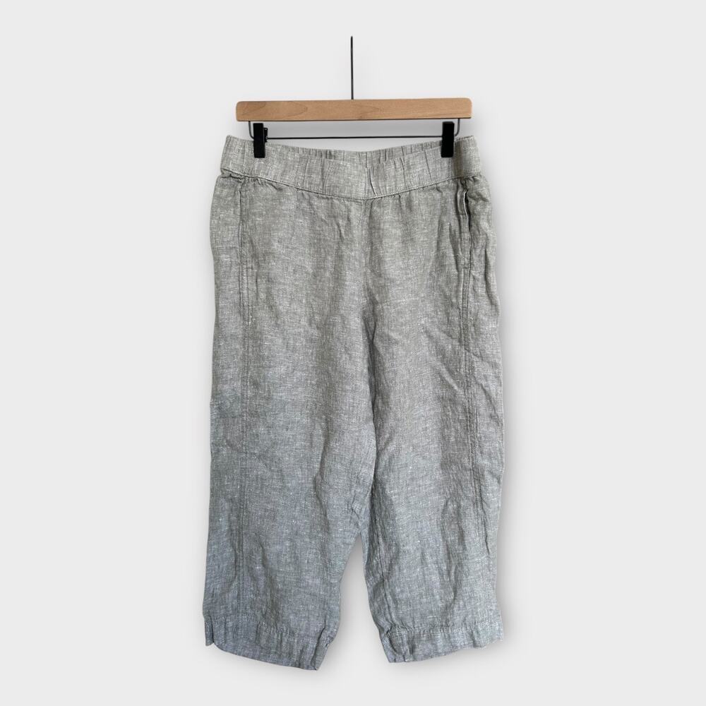 Pure Jill Linen Cropped Pull On Pants Gray Women's Medium Petite Coastal Minimal